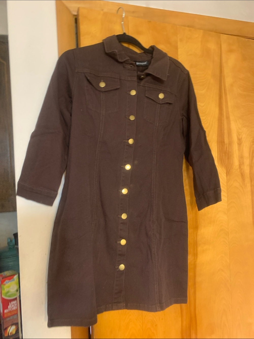 Brown Jean dress  blue tote 1